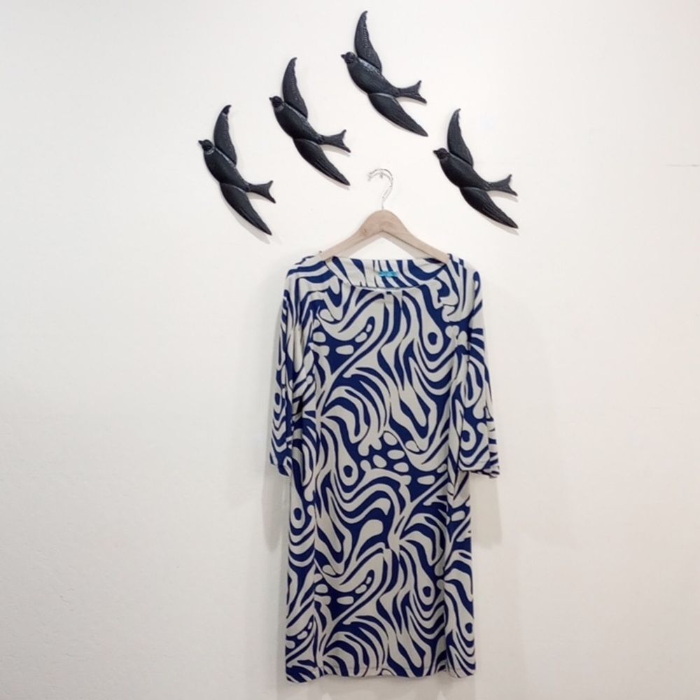 J. McLaughlin Campbell Dress  3/4 Sleeve Navy & Beige Puddle Print - L - NEW!